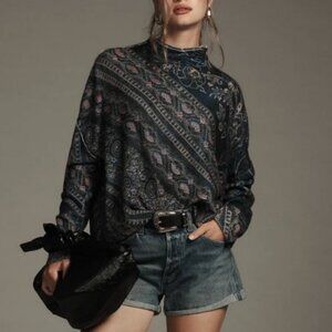 Anthropologie Blue and Pink Patterned Turtleneck Sweater